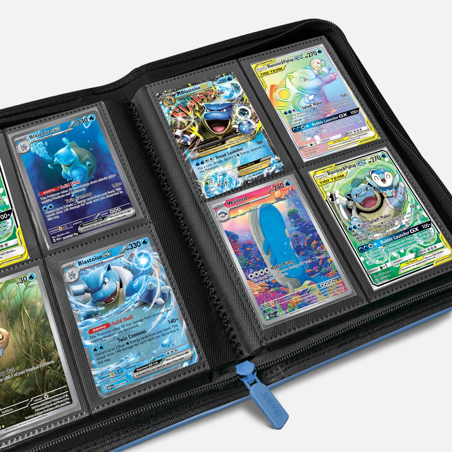 Open blue Pokemon card binder showing 4-pocket pages displaying Blastoise holographic trading cards