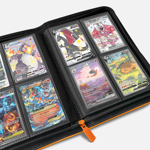 Open orange Pokemon card binder showing 4-pocket pages displaying Charizard holographic trading cards