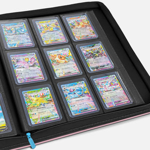 Open pink Eevee Family toploader binder with dark 9-slot pages filled with holographic Pokemon cards