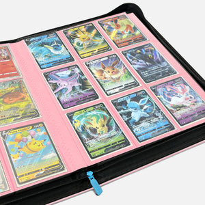 Open pink Eevee Family card binder with pink 9-pocket pages filled with holographic Pokemon cards