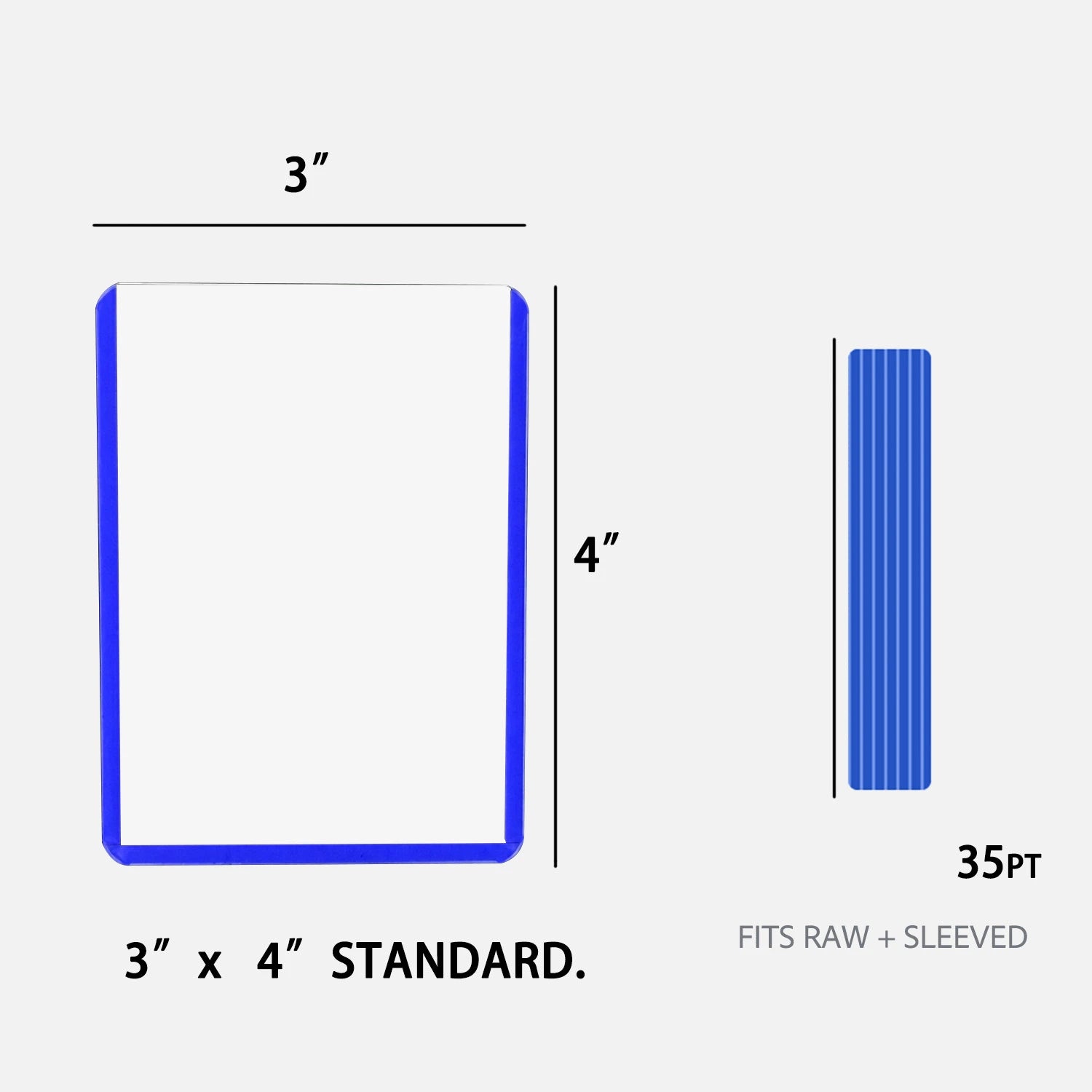 Size diagram of a blue-edge toploader measuring 3 by 4 inches with a 35PT side profile, fitting raw and sleeved cards