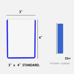 Size diagram of a blue-edge toploader measuring 3 by 4 inches with a 35PT side profile, fitting raw and sleeved cards