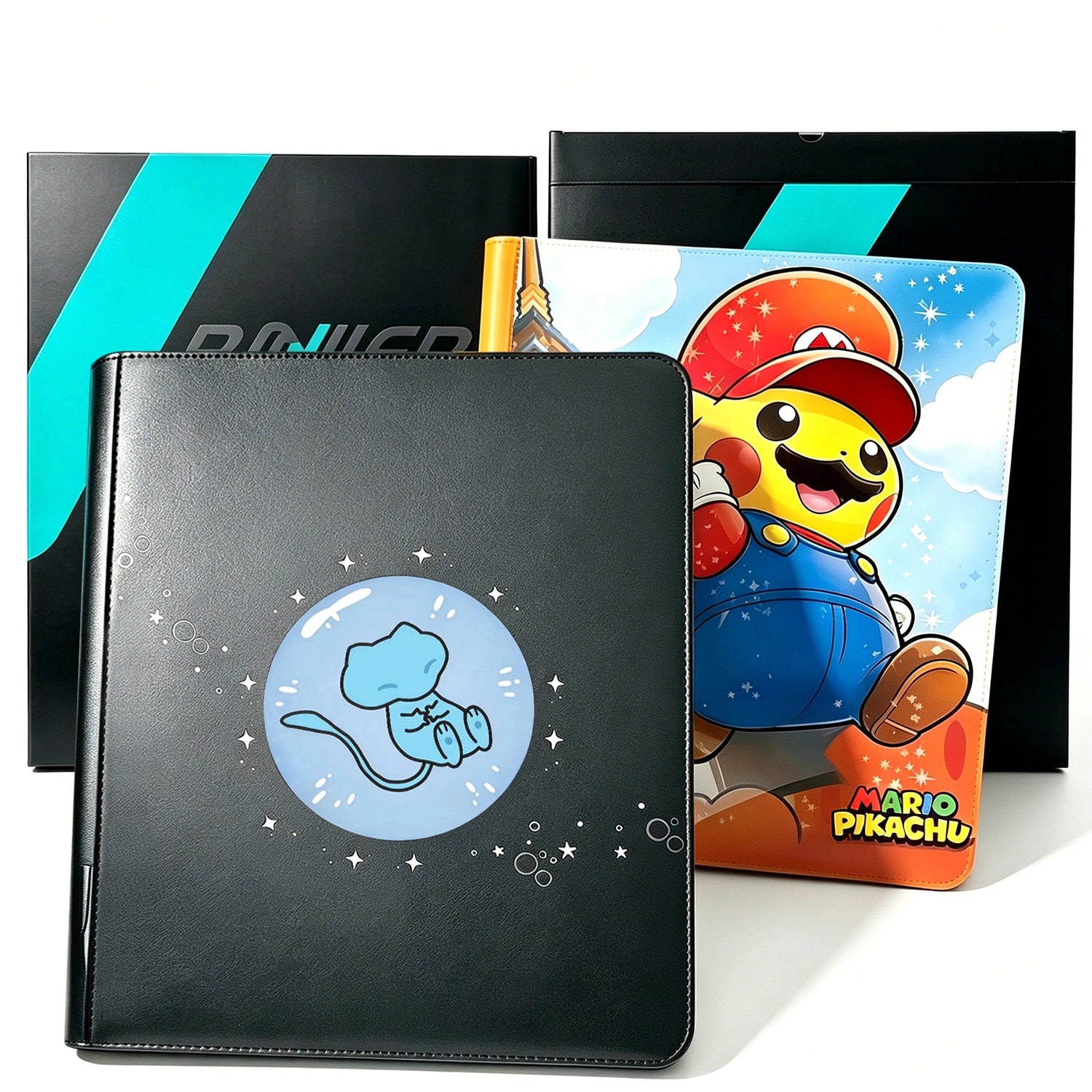 Custom Pokemon toploader binders with Squirtle Mario Pikachu and classic black covers showing personalization range