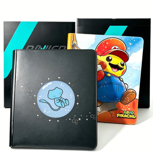 Custom Pokemon toploader binders with Squirtle Mario Pikachu and classic black covers showing personalization range