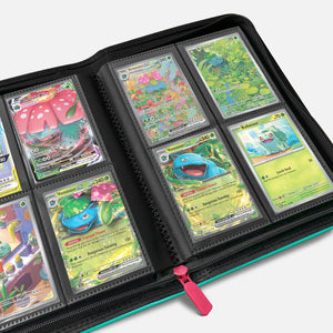 Open green Pokemon card binder showing 4-pocket pages displaying Venusaur holographic trading cards