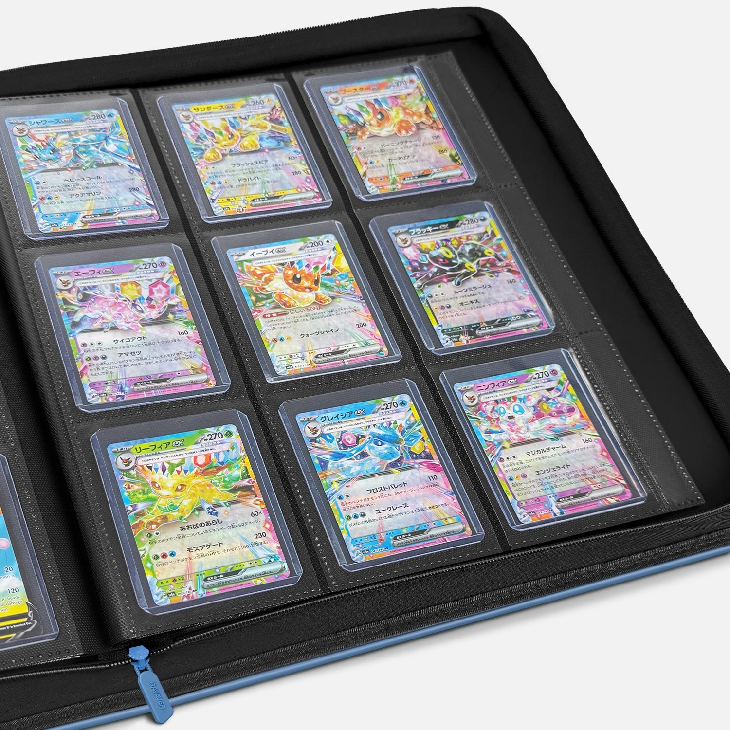 Open blue Pokemon toploader binder showing 9-pocket pages filled with holographic cards in toploaders
