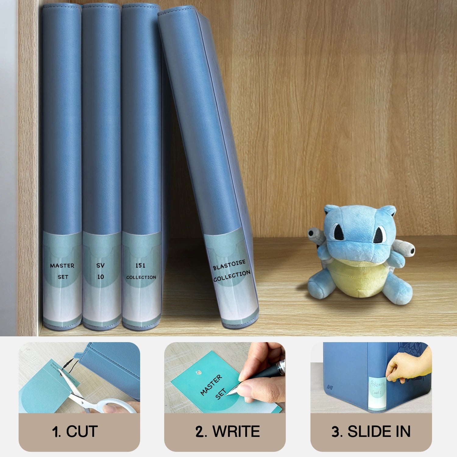 Customizable spine label inserts with cut, write, and slide-in steps beside a Blastoise plush for labeling a Pokemon card binder
