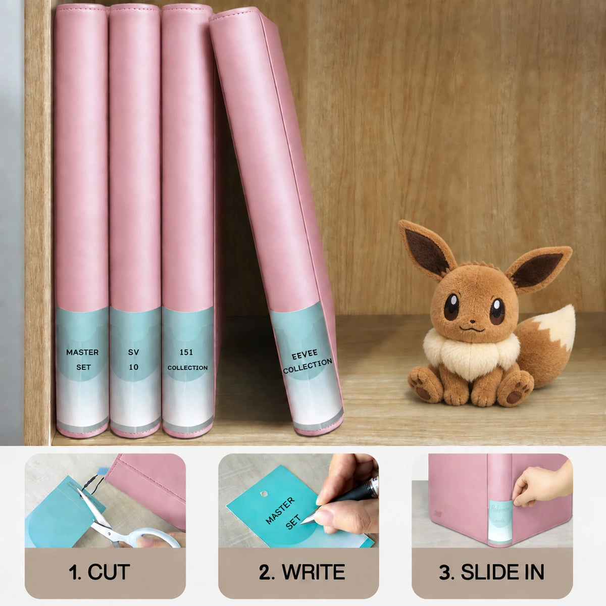 Pink toploader binders on a shelf with cut, write, and slide-in spine labels beside an Eevee plush