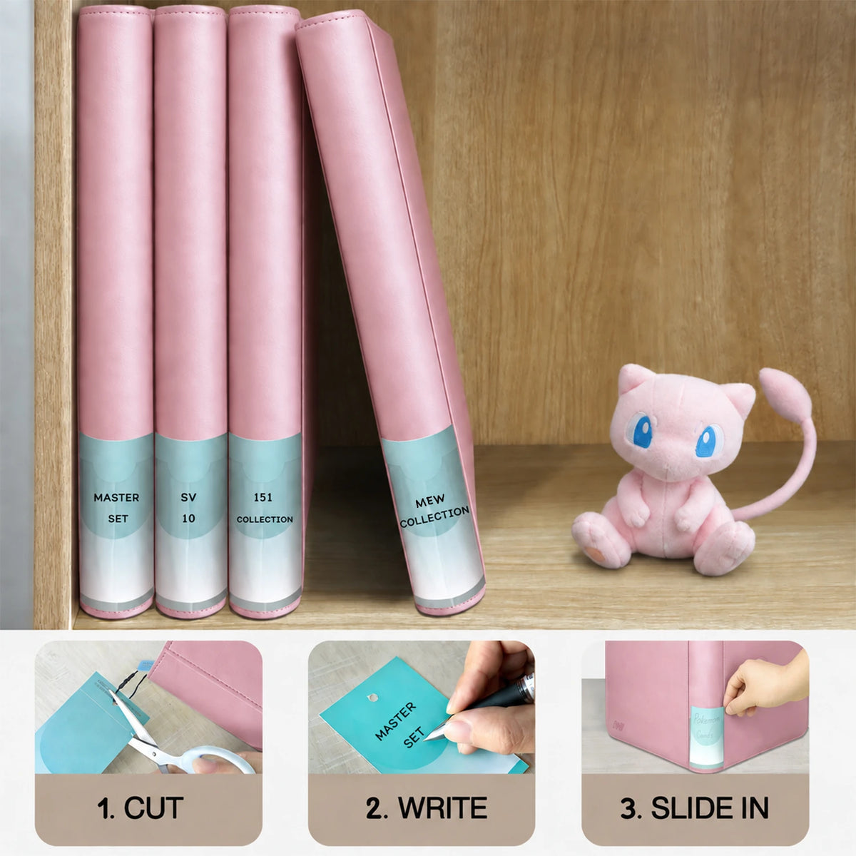 Pink card binders on a shelf with cut, write, and slide-in spine labels beside a Mew plush