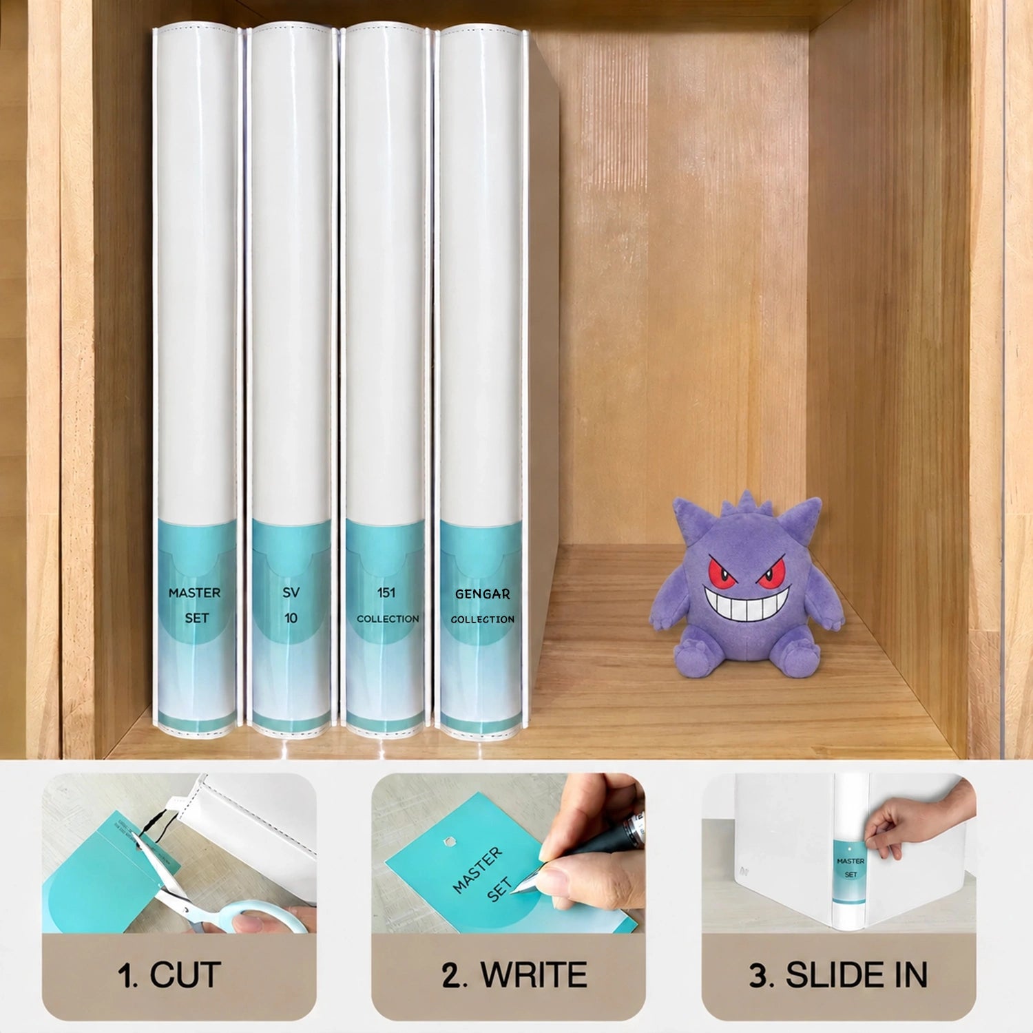 Customizable spine label inserts with cut, write, and slide-in steps beside a Gengar plush for labeling a toploader binder