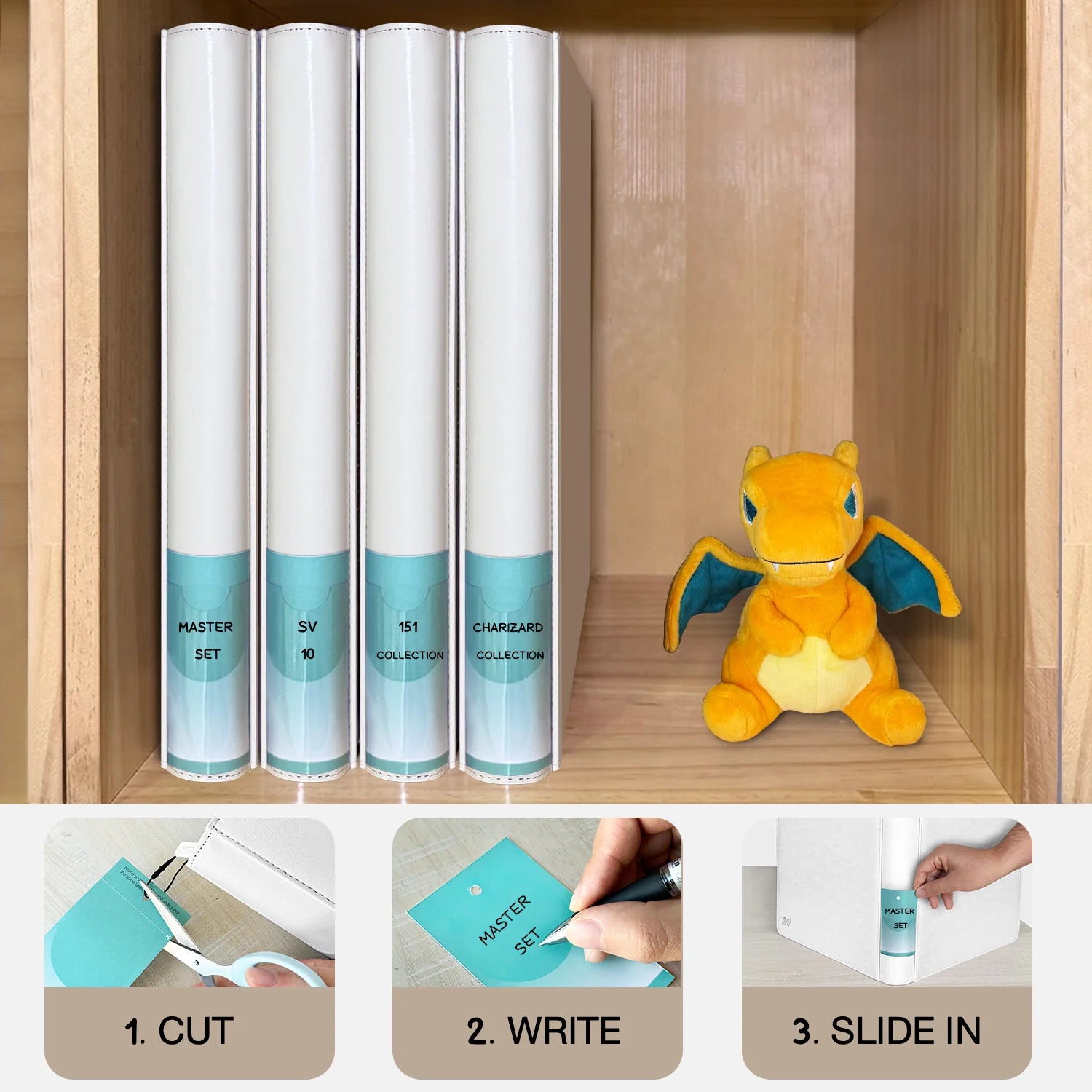 White Pokemon toploader binders on shelf beside Charizard plush with customizable spine labels