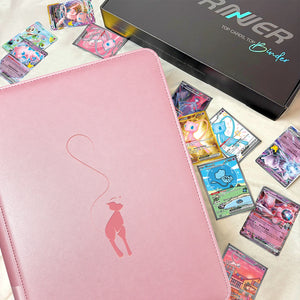 Pink Mew card binder with Mew Pokemon cards and a black gift box