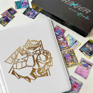 White Pokemon toploader binder displayed beside scattered Gengar holographic cards and a premium gift box