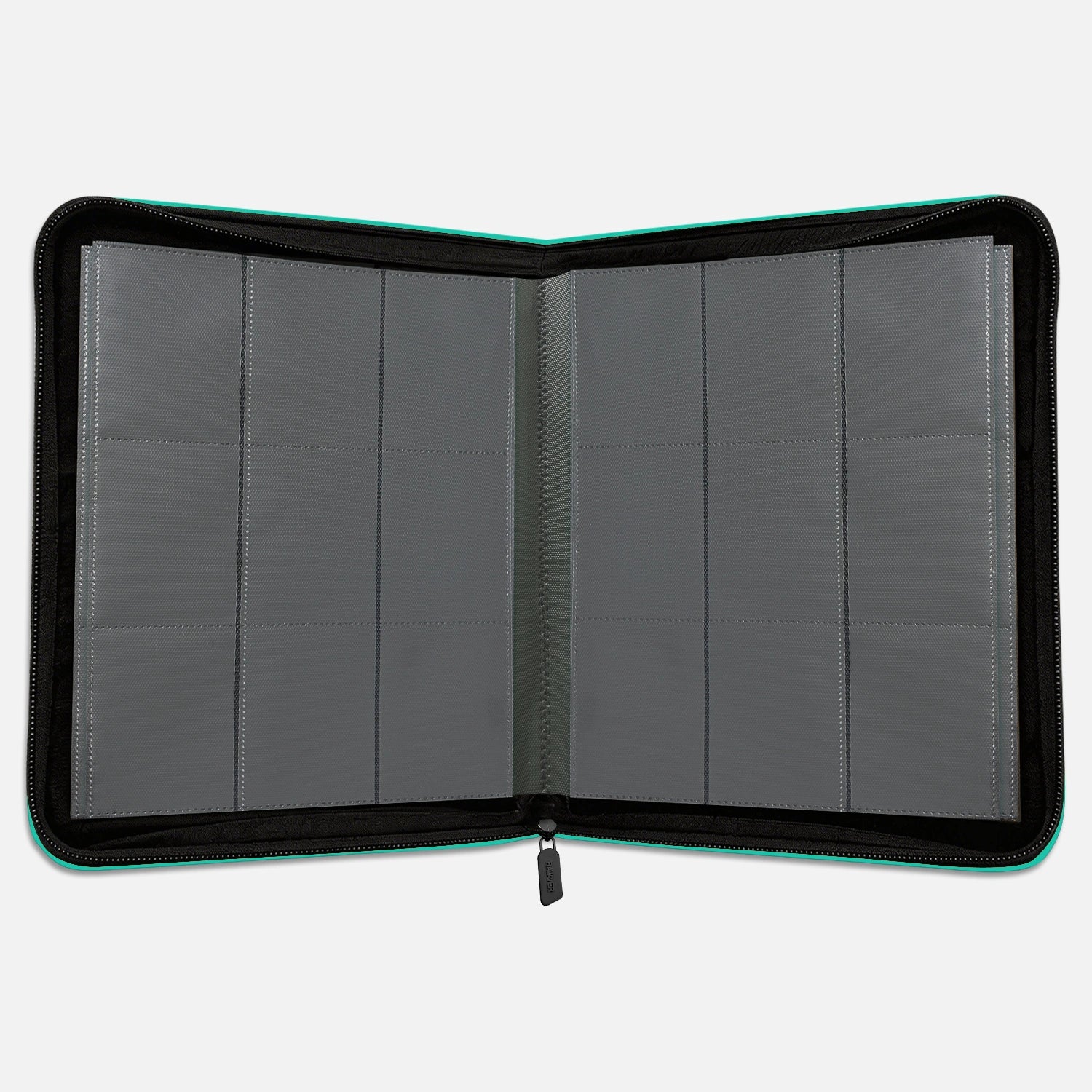 Interior view of green Pokemon toploader binder with empty 9-pocket pages and 252-card capacity