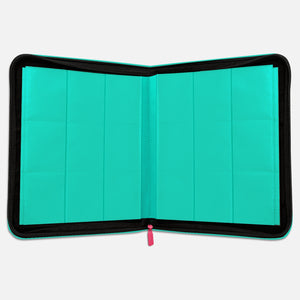 Pokemon card binder laid flat showing full green leather cover with embossed Venusaur design