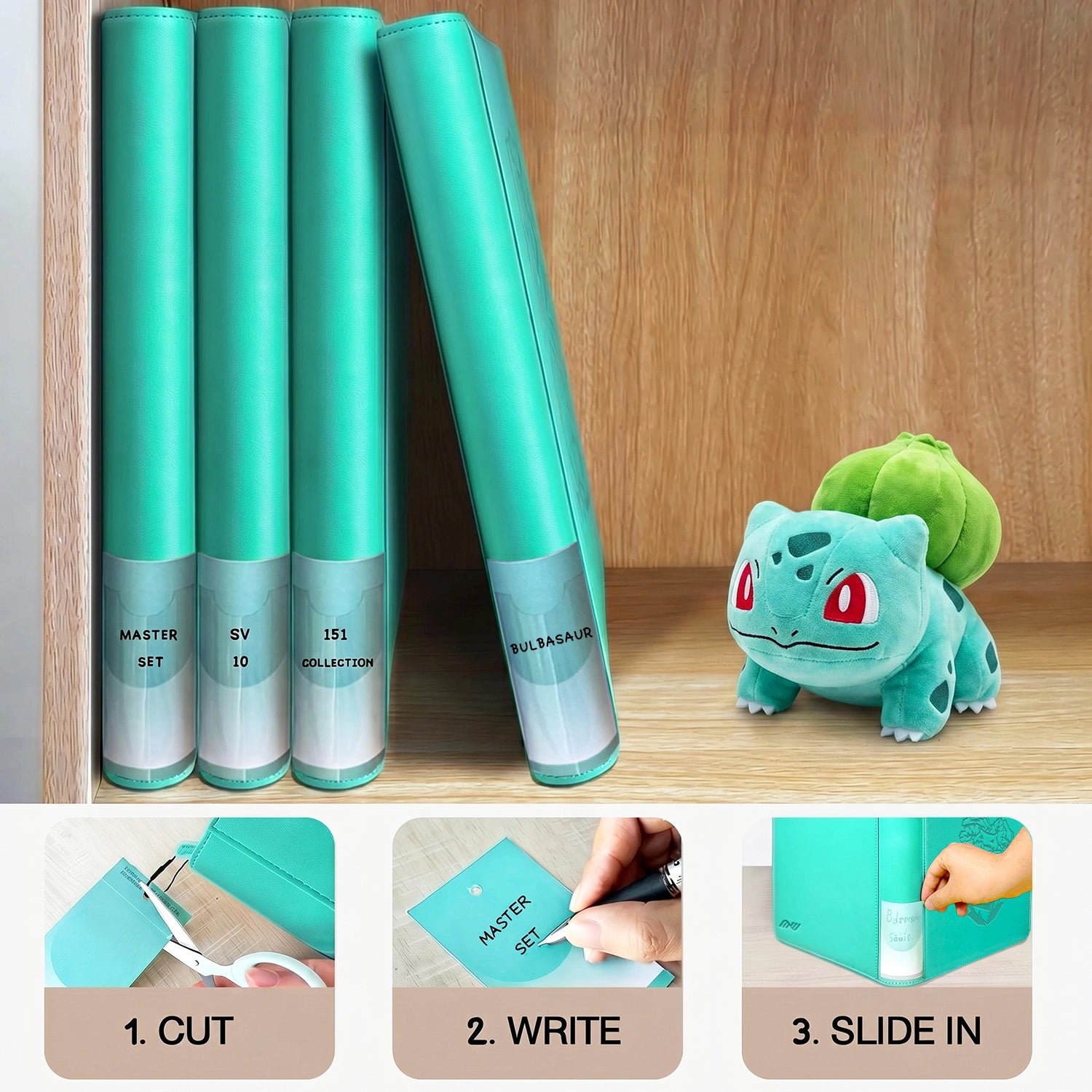 Side view of green Pokemon card binder beside premium gift box packaging and interior preview