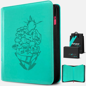 Close-up of embossed Venusaur design on green leather Pokemon card binder cover