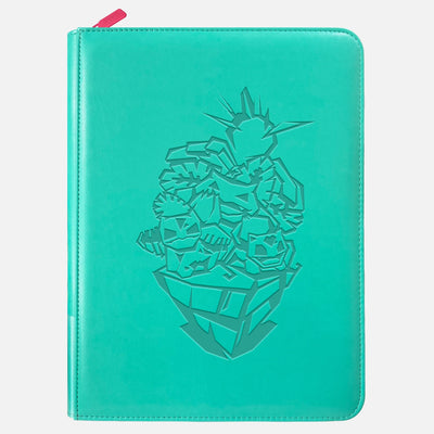 Green leather Pokemon card binder with embossed Venusaur evolution line and zippered closure