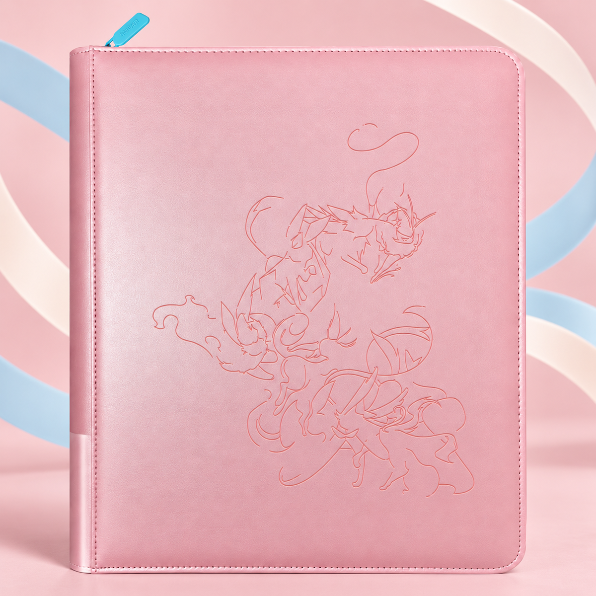 Pink Eevee Family toploader binder with debossed Eevee evolution line art on a pink and blue backdrop