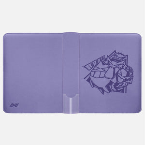 Pokemon card binder laid flat showing full purple leather cover with embossed Gengar design