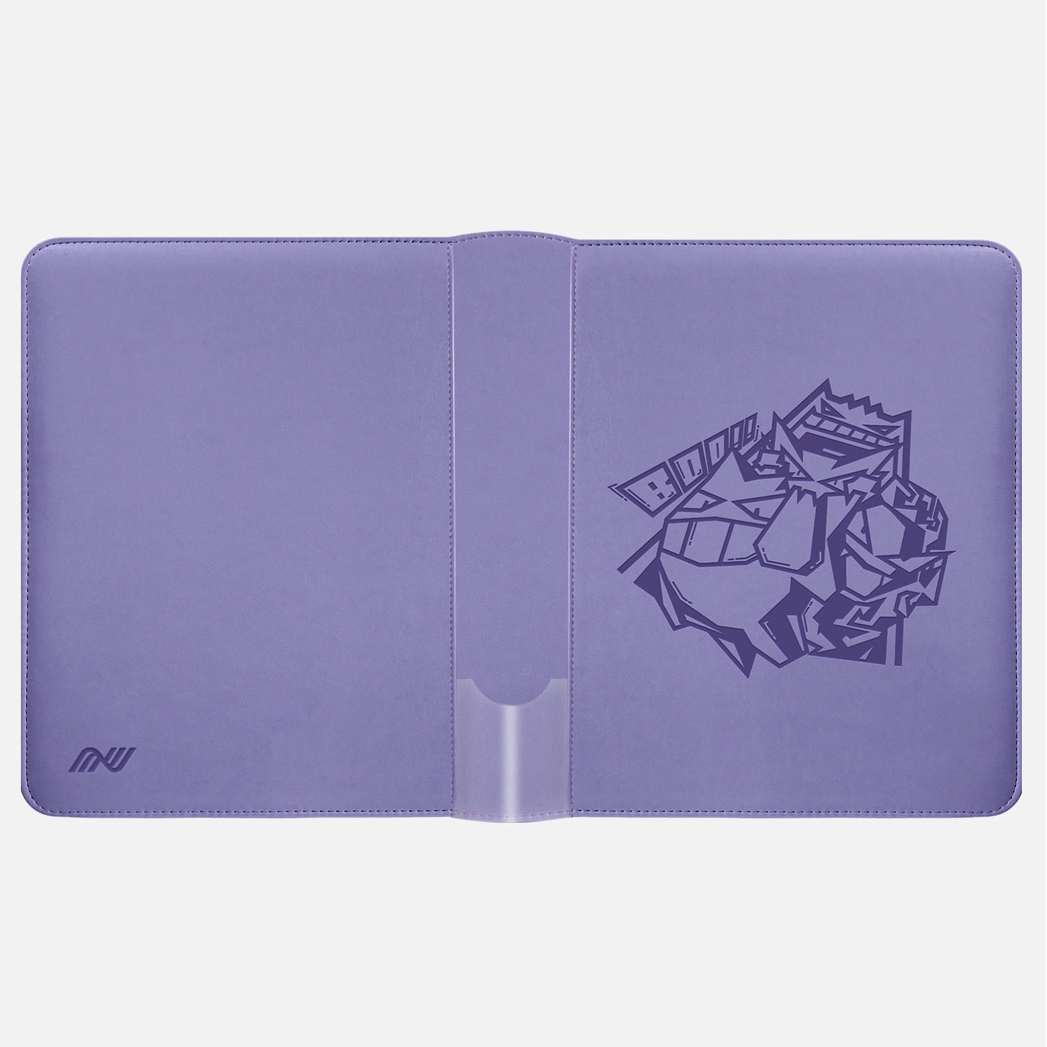 Pokemon toploader binder laid flat showing full purple leather cover with embossed Gengar design