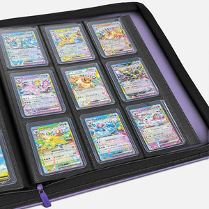 Open purple Pokemon toploader binder showing 9-pocket pages with holographic trading cards