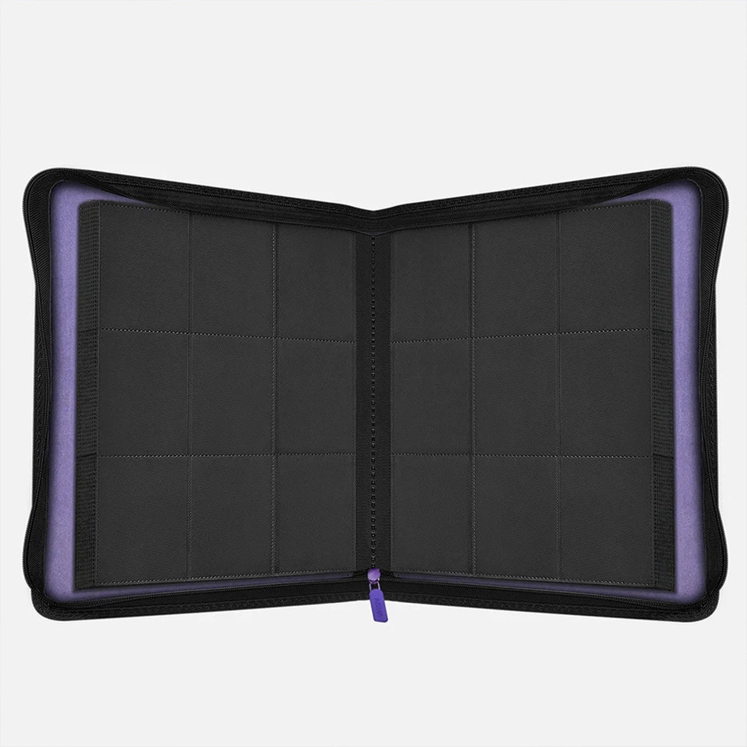 Interior view of purple Pokemon toploader binder with empty 9-pocket pages and 252-card capacity