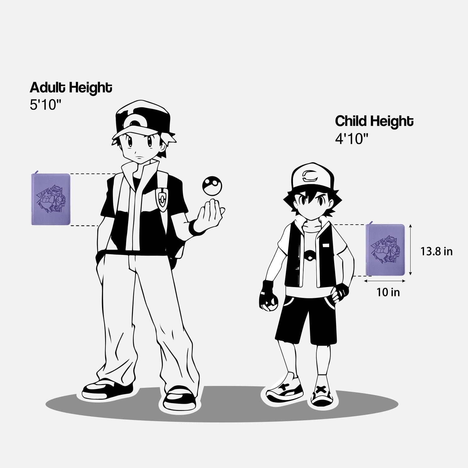 Size chart showing purple Pokemon card binder dimensions of 13.8 by 10 inches against trainer figures