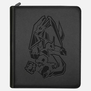 Black leather Pokemon toploader binder with embossed Charizard evolution line cover and full-perimeter zipper