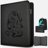 Black leather Pokemon toploader binder with embossed Charizard design displayed alongside premium gift box and interior preview