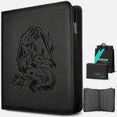 Black leather Pokemon toploader binder with embossed Charizard design displayed alongside premium gift box and interior preview