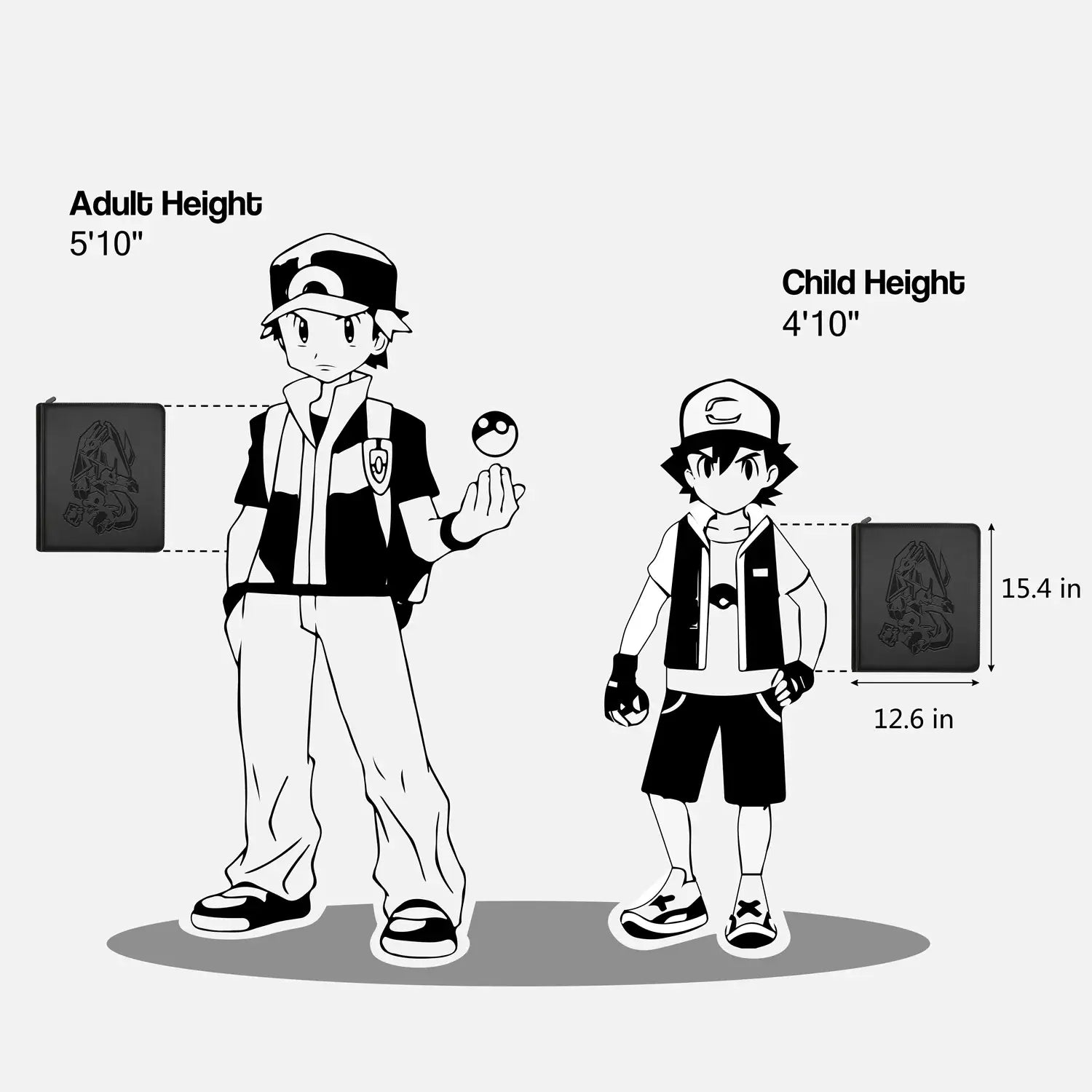 Size chart comparing the 15.4 by 12.6 inch Pokemon toploader binder to adult and child height