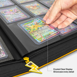 Hand sliding a toploadered Pokemon card into crystal-clear side-loading pocket of yellow binder