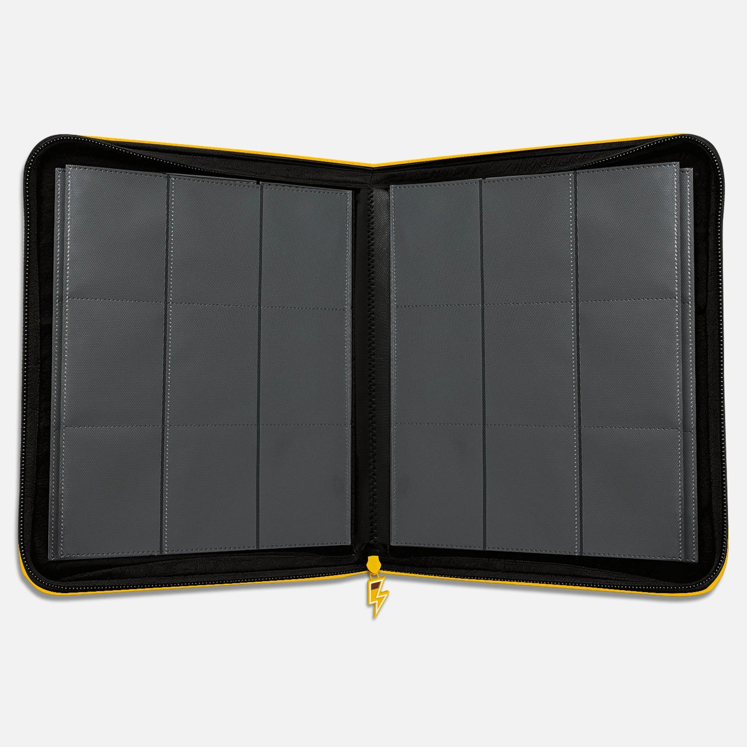Interior view of yellow Pokemon toploader binder with empty 9-pocket pages and 252-toploader capacity