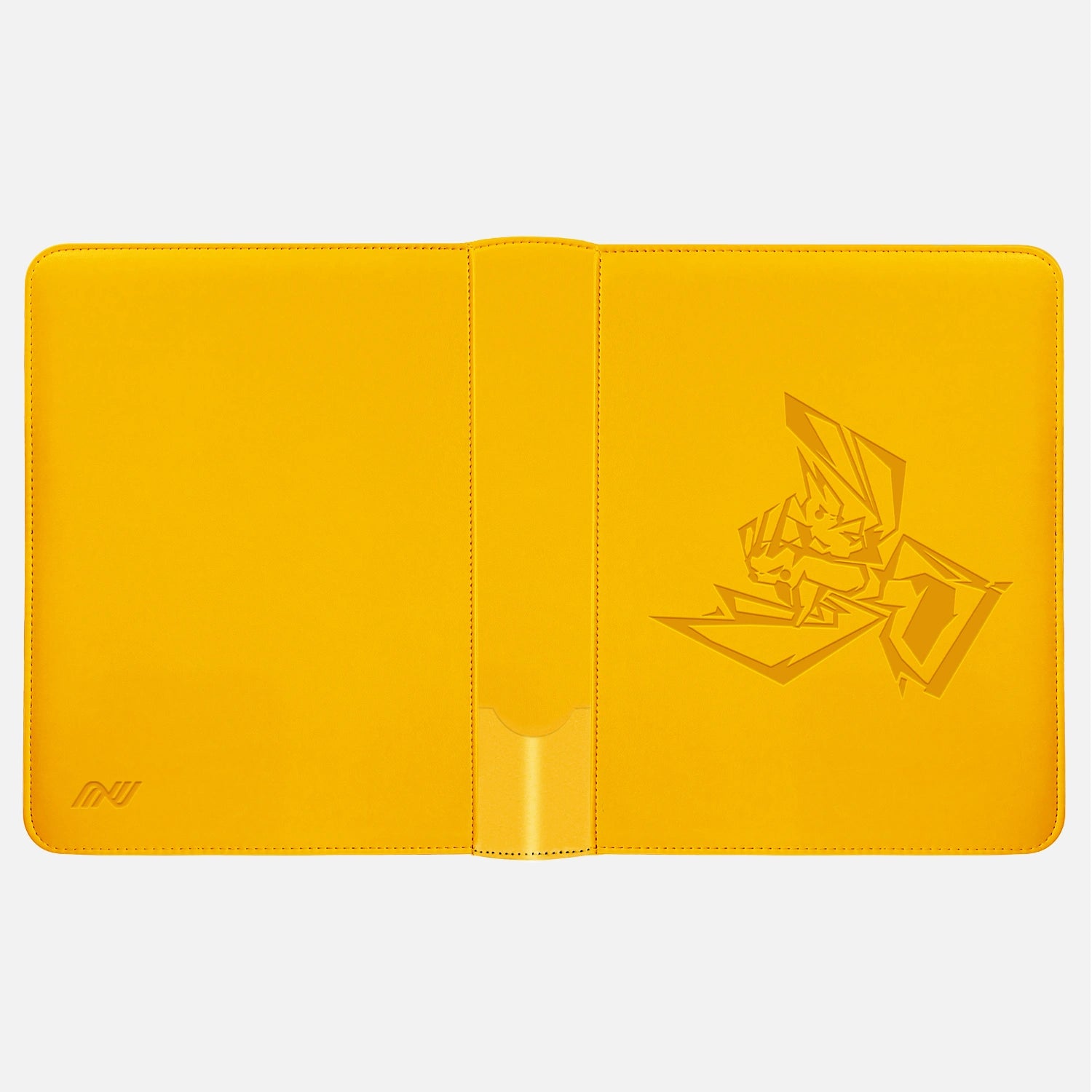 Yellow Pokemon toploader binder laid flat showing full leather cover with embossed Pikachu design