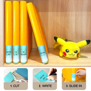 Yellow Pokemon toploader binders lined up on shelf with spine labels for organizing TCG sets