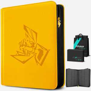 Angled view of yellow Pokemon toploader binder with embossed Pikachu and black gift box packaging