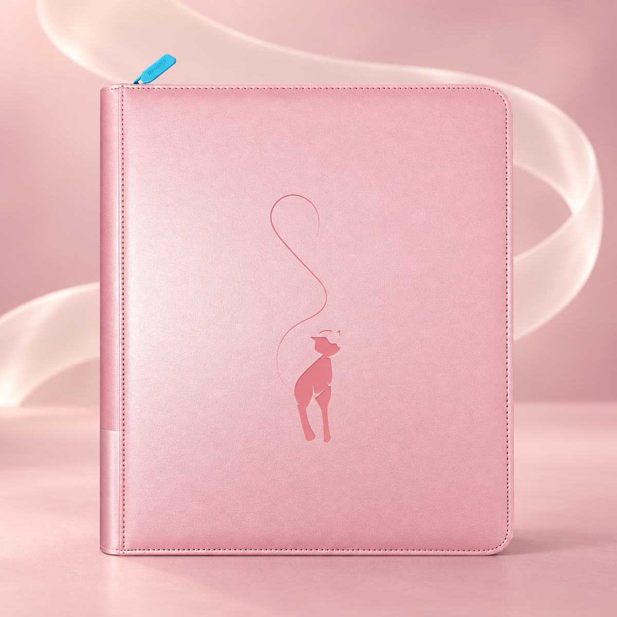 Pink Mew toploader binder with a rose Mew silhouette and sky-blue zipper pull against flowing ribbons