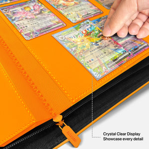 Hand sliding a sleeved Pokemon card into a crystal-clear side-loading pocket on an orange card binder