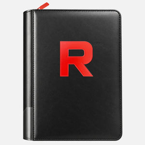Black leather card binder with a red R logo and full-zip closure