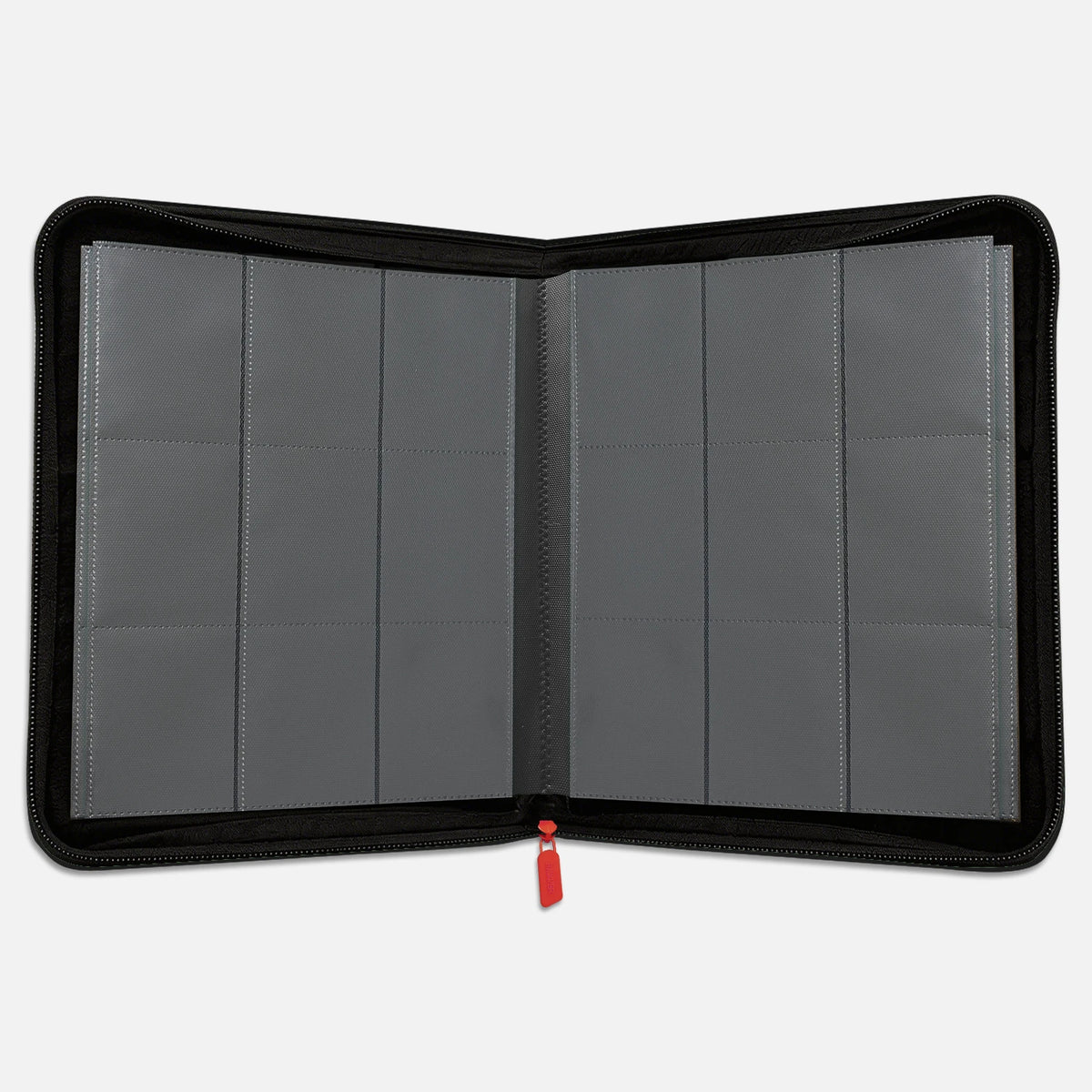 Open black card binder showing empty 9-pocket pages