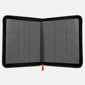 Open black card binder showing empty 9-pocket pages