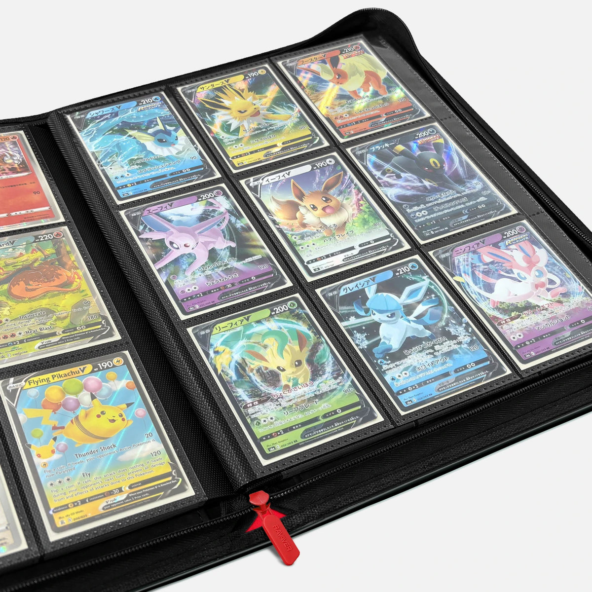 Open 9-pocket card binder filled with Pokemon trading cards