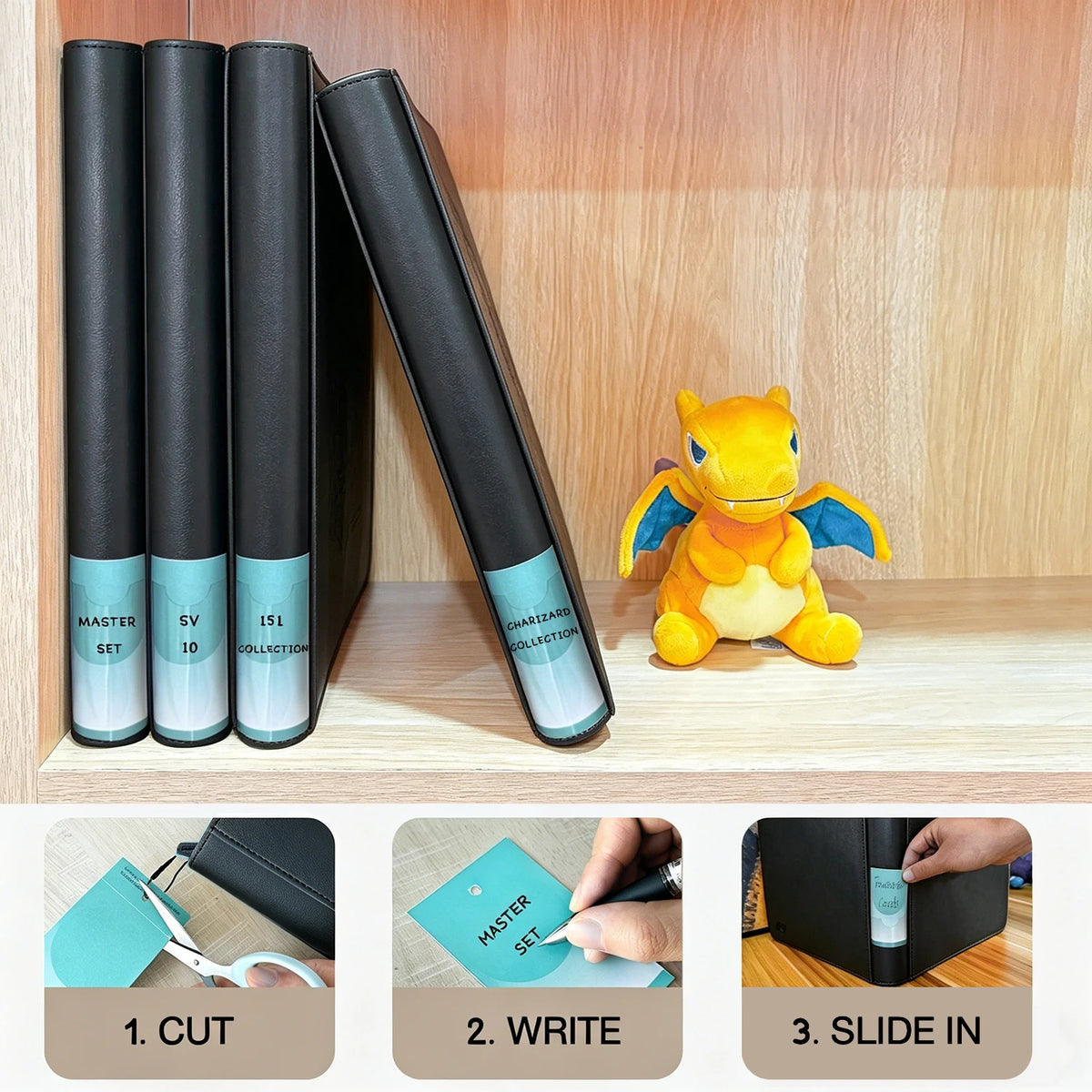 Black card binders on a shelf with customizable spine labels
