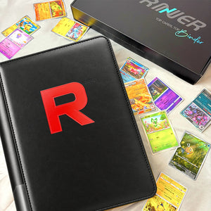 Black card binder displayed with Pokemon cards and a gift box