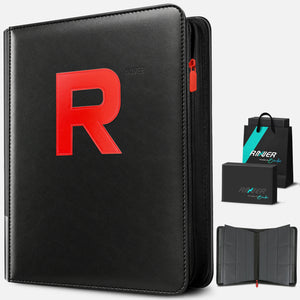 Black card binder shown with gift packaging and an interior page preview