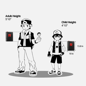 Card binder size comparison beside adult and child trainer figures