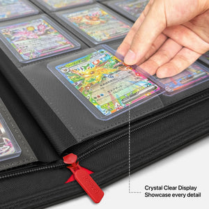 Close-up of a toploader sliding into a crystal-clear side-loading slot