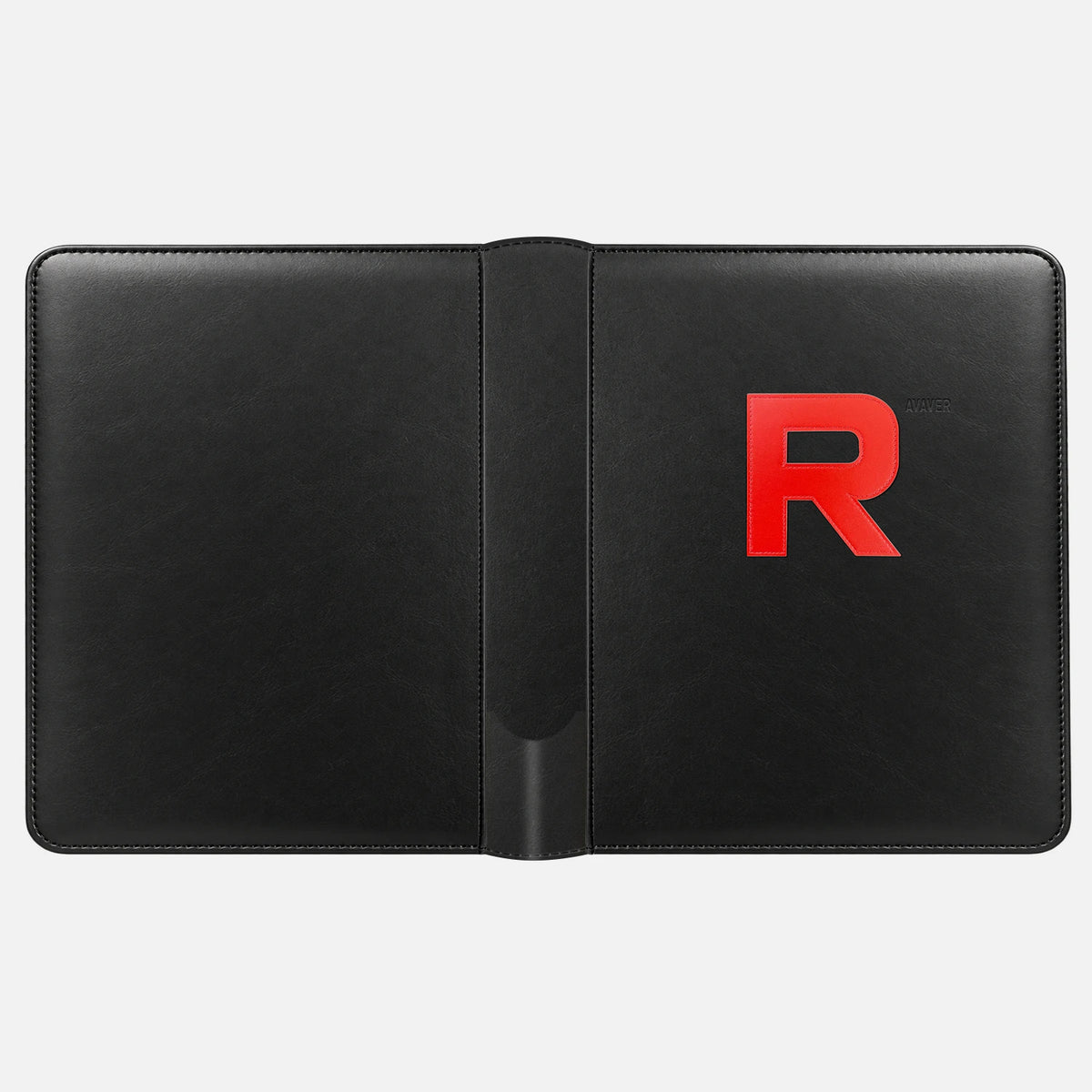 Black toploader binder laid flat to show the front and back covers