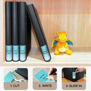 Black binders on a shelf with customizable spine labels